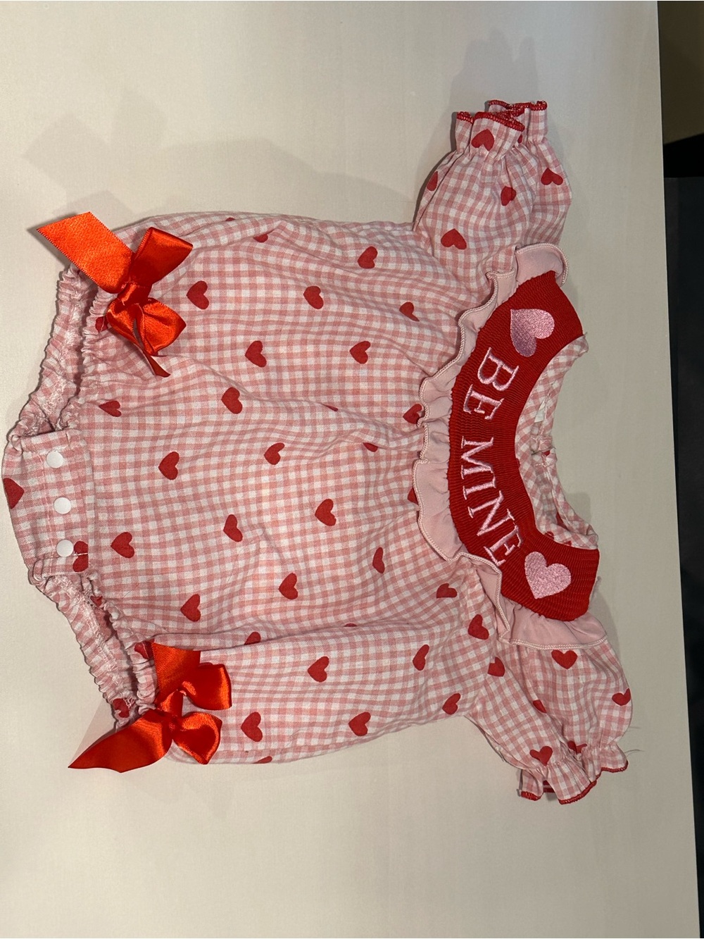 Pink Heart Gingham Baby Romper with "Be Mine" Collar